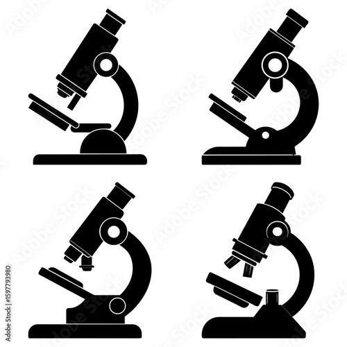 Four black and white microscope illustrations arranged in a square pattern on a white background image