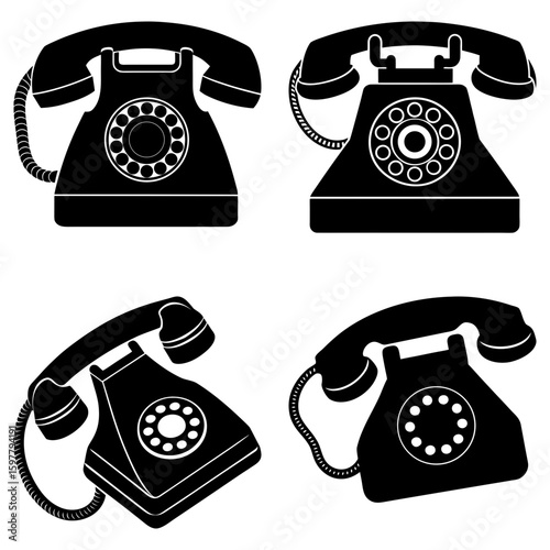 Four vintage rotary dial telephones in black silhouette on a white background are presented here