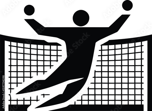 Goalkeeper Silhouette Vector – Soccer Goalie Save Icon with Net Background.