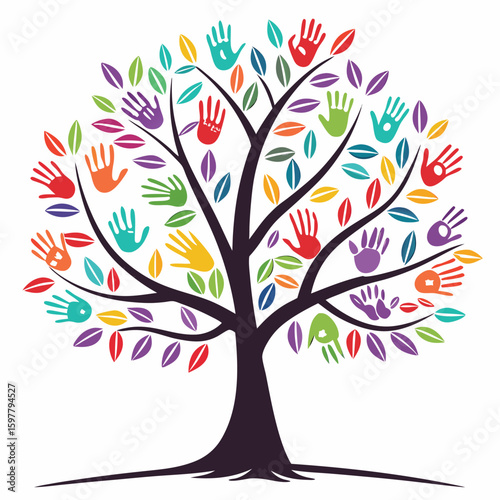 Stylized tree with colorful handprint leaves isolated on white background