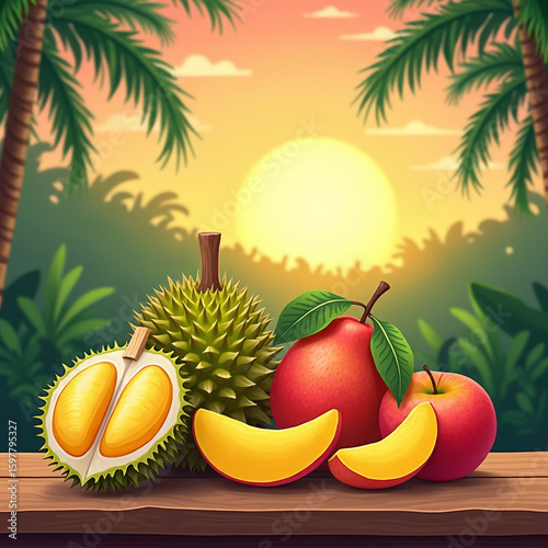 Fresh Fruits Displayed on a Table Surrounded by Lush Greenery