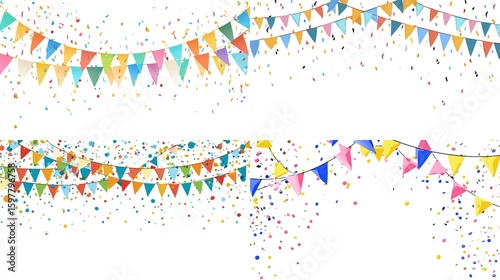 Four bright scenes of triangle pennant banners amidst scattered confetti on white