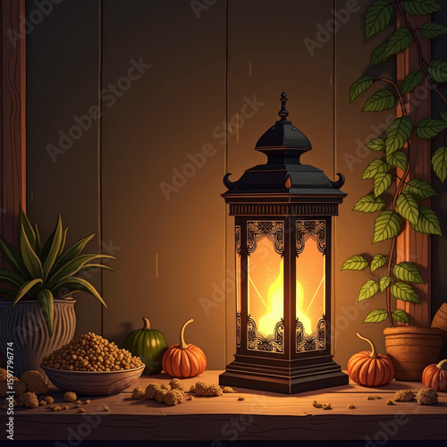 Lantern, Pumpkins, Plants, Indoor, Evening Glow