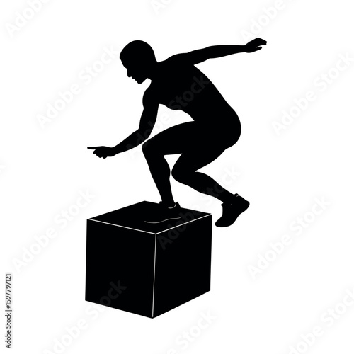 Athlete jumping onto plyo box in powerful motion silhouette Art Vector illustration