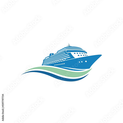 Blue Cruise Ship Sailing on Green and Blue Wavy Lines.