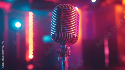 Vintage Microphone With Neon Lights in a Vibrant Studio Setting. Copy space, banner