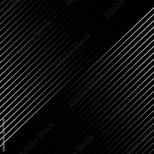 Diagonal striped illustration. Repeating white lines on a black background. Surface pattern design with linear ornamentation. Disco light motif. Striped wallpaper.