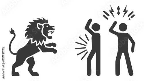 A Lion Threatening Two People in Symbolic Imagery Demonstrating Power Dynamics Conflict and Emotional Stress in an Illustrative Manner