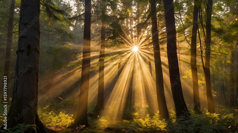 Fototapeta premium Sunlight Through Forest – Magical Nature Light Rays