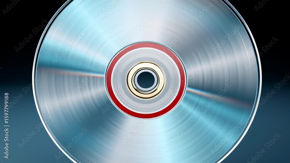 90s gadgets in motion, A shiny, spinning compact disc reflects light on a smooth blue surface.