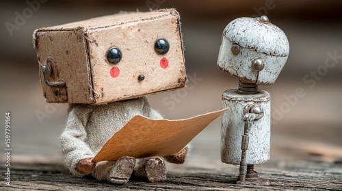 Adorable Robot Toys Reading Document with Curiosity