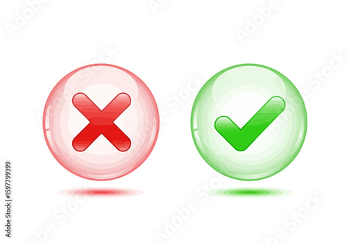 Two glossy translucent spheres one with a red cross symbol and the other with a green checkmark symbol on a white background