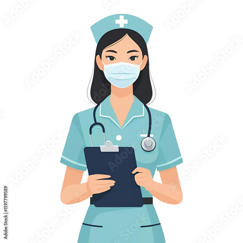 Female nurse character with clipboard and face mask, cartoon vector illustration