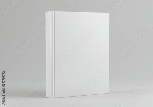 A Clean and Minimalist White Hardcover Book Standing Vertically in a Professional Studio Environment Showcasing its Simple Yet Elegant Design Ideal for a Blank Book Mockup Presentation or Cover Concep