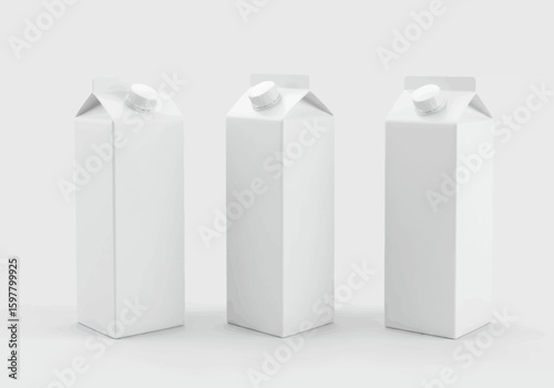 Three blank white cartons of dairy beverage products standing upright on a plain white background ready for branding and labeling with cap on top
