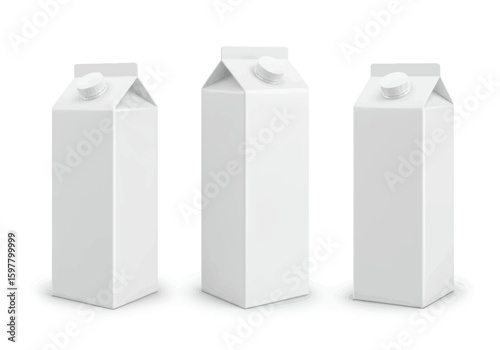 Three tall white cardboard cartons with screw-on caps isolated on a white background with subtle shadows and highlights