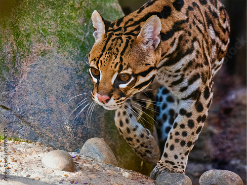 Ocelot Stalks Carefully Across Rocky Forest Floor