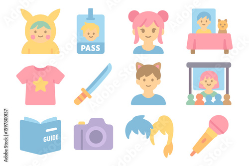 Anime icon set for kids party design in flat vector illustration style