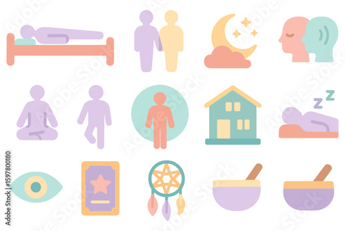 Vector illustration of relaxation and wellbeing icons in flat design for wellness program