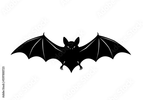 A spooky silhouette of a black bat with its wings spread wide ready for flight on a bright white background creating a striking contrast for Halloween or gothic themes