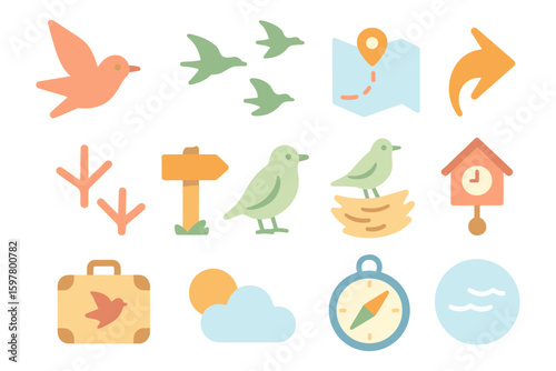 Spring birdwatching elements vector illustration - design for print, card, poster, flat style