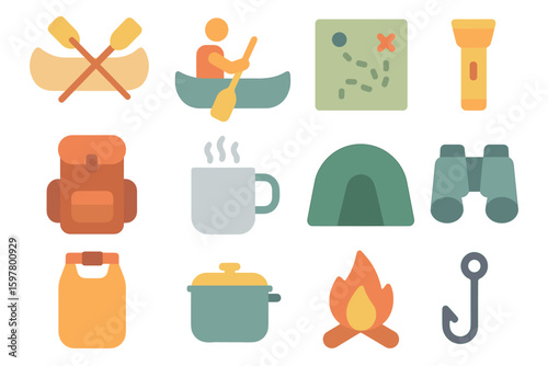 Camping adventure vector illustration: flat style design for outdoor recreational themed print and poster