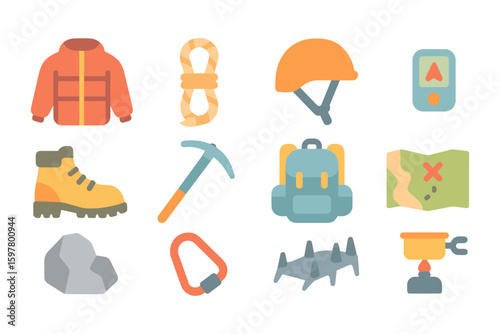 Flat style vector illustration of hiking and climbing gear for outdoor adventure design
