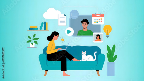 Woman working on laptop on sofa with cat and video call elements image