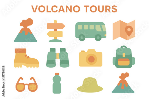Volcano tours vector illustration: travel essentials in flat style for adventure posters