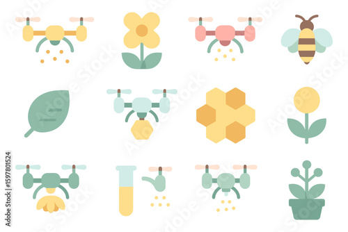 Drone pollinator icons vector illustration: eco-friendly robotics in flat design for educational posters