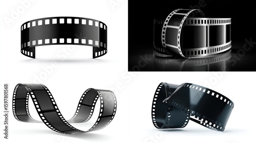 Four views of film strip, black and reflective, curved and coiled, on white and black backgrounds