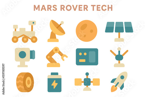 Mars rover technology icon set vector illustration for design and print in flat style