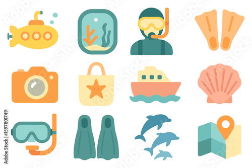 Submarine tourism vector illustration - ocean adventure icon set in flat style for travel design