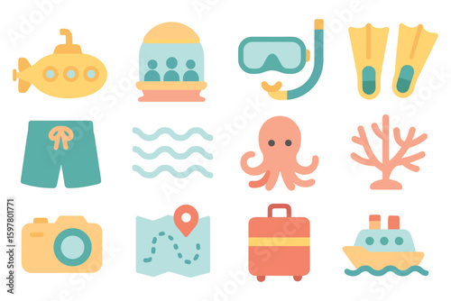 Submarine tourism vector illustration: underwater adventure icons in flat style for travel design