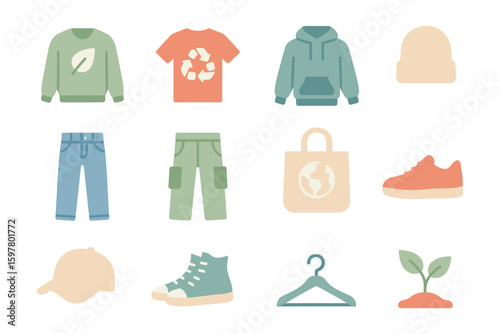 Eco-friendly fashion icons vector illustration: sustainable streetwear elements for modern design