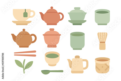 Tea ceremony essentials vector illustration: flat style icons for design and decor