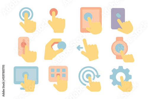 Tactile interface icons vector illustration: hand gestures for ui design in flat style