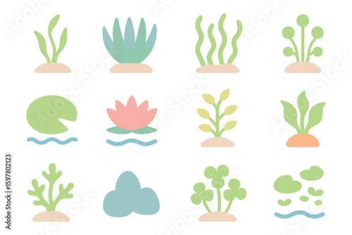 Minimalist aquatic plant vector illustration set for design: flat style icons for nature projects