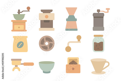 Retro coffee grinder icons vector illustration: perfect for café design and kitchen decor in flat style