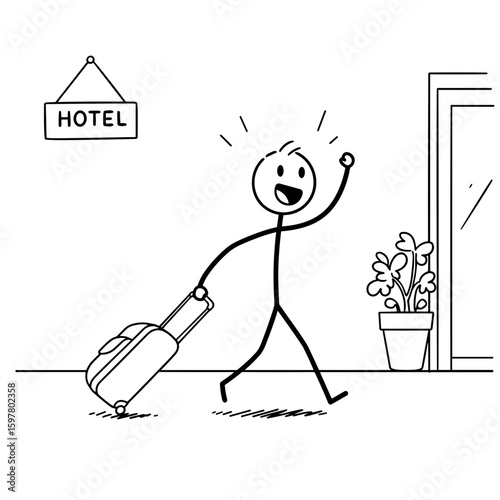 Stick figure person excitedly arriving at a hotel with suitcase  