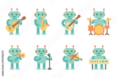 Vector illustration of robot musicians icons for music event design in flat style