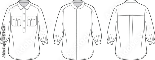 Long sleeve fashion shirt design, flap pocket blouse layout, front and back view, cad drawing flat vector illustration, clothing template