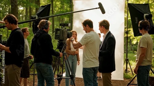 Behind the scenes shot of a professional film crew working on a movie set in a forest, capturing the process of filmmaking, video production and the entertainment industry