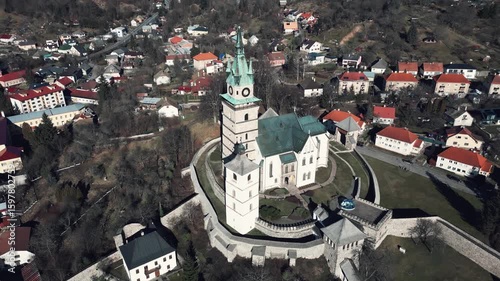 Gorgeous aerial footage of Saint Catherine church in Kremnica, Slovakia, 4k