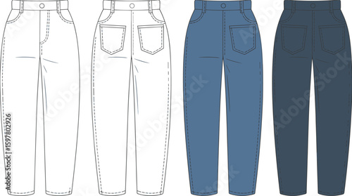 Women’s high waist denim jeans fashion flat sketch, front and back view, technical vector, pants design, clothing template, garment drawing