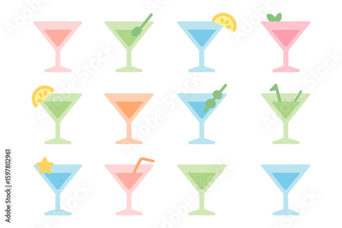 Colorful martini glass collection vector illustration for cocktail menu design in flat style