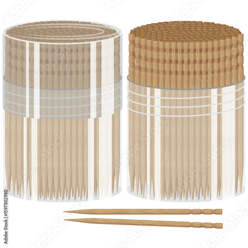 wooden toothpick, toothpicks in plastic packaging.