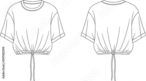 Cropped drawstring t-shirt fashion sketch, front and back view template, cad drawing flat vector illustration, casual garment design layout