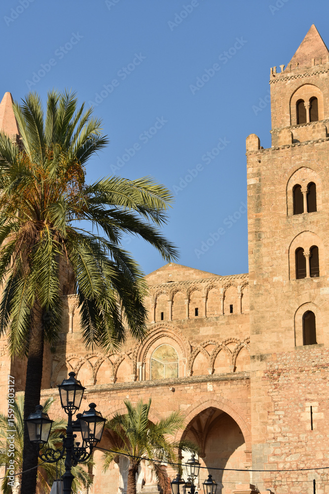 Fototapeta premium Cefalu Sicily, Italy - July, 2025: Cefalu Cathedral or Duomo di Cefalu, a Roman Catholic church. Travel to Italy. Sightseeing in Cefalu. Summer in Sicily. 