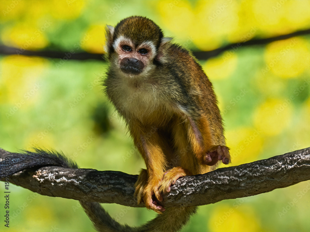 Obraz premium Squirrel Monkey Perched on Branch in Bright Tropical Setting